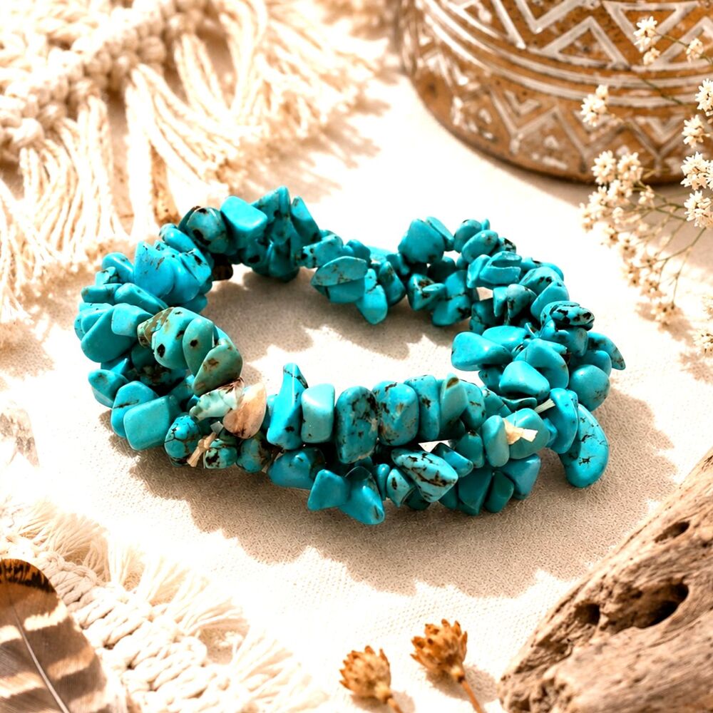Woven Turquoise Chip Bead Stretch Bracelet Boho Southwestern Style